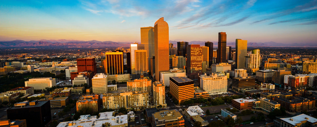 gorgeous golden hour sunrise in Downtown Denver , Colorado the Mile High City gorgeous Rocky Mountain capital city view 2000pc Panoramic Puzzle