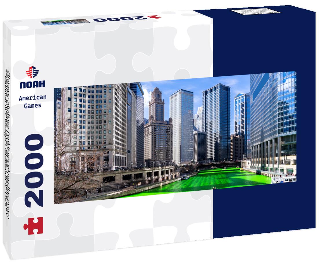 Chicago skylines buildings along the green coloring Chicago River at St. Patrick's Day Festival in Chicago Downtown IL USA 2000pc Panoramic Puzzle
