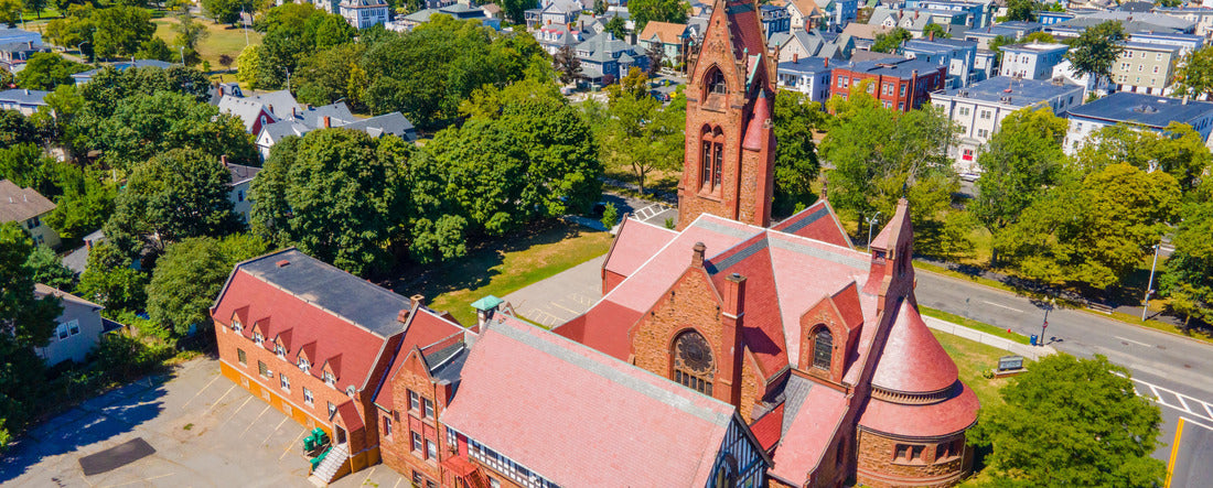 St. Stephen's Memorial Episcopal Church aerial view at 74 S Common Street in Historic Downtown Lynn, Massachusetts MA, USA 2000pc Panoramic Puzzle