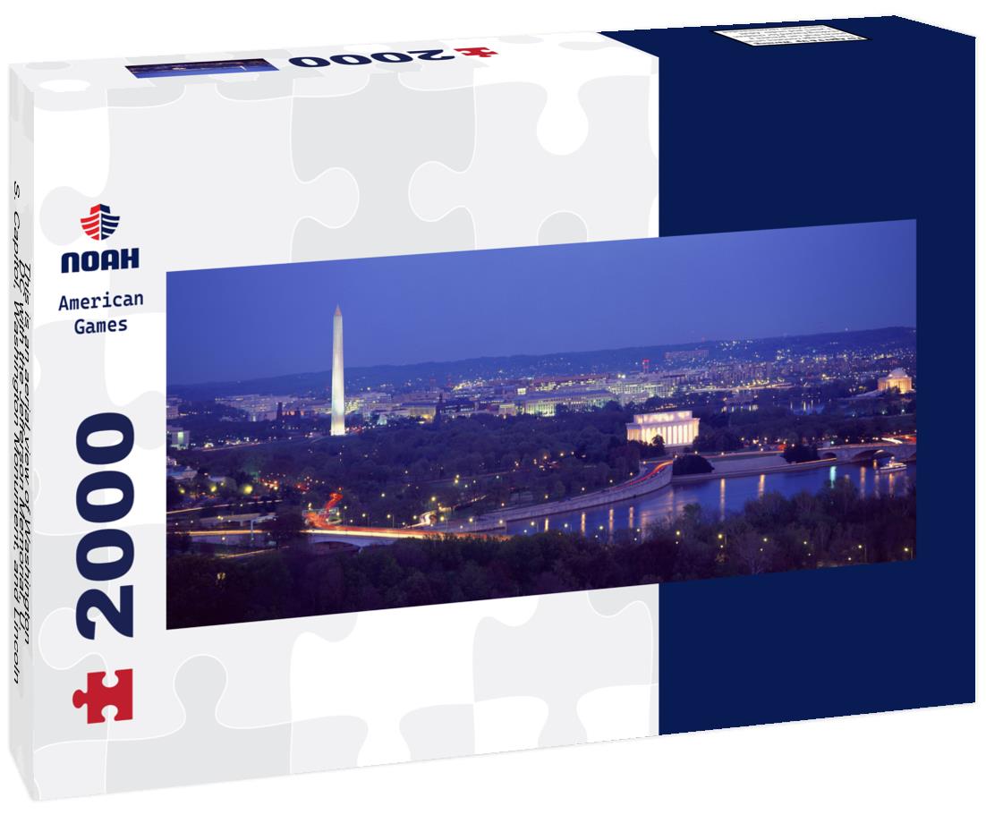 This is an aerial view of Washington, DC with the Jefferson Memorial, U.S. Capitol, Washington Monument, and Lincoln Memorial 2000pc Panoramic Puzzle