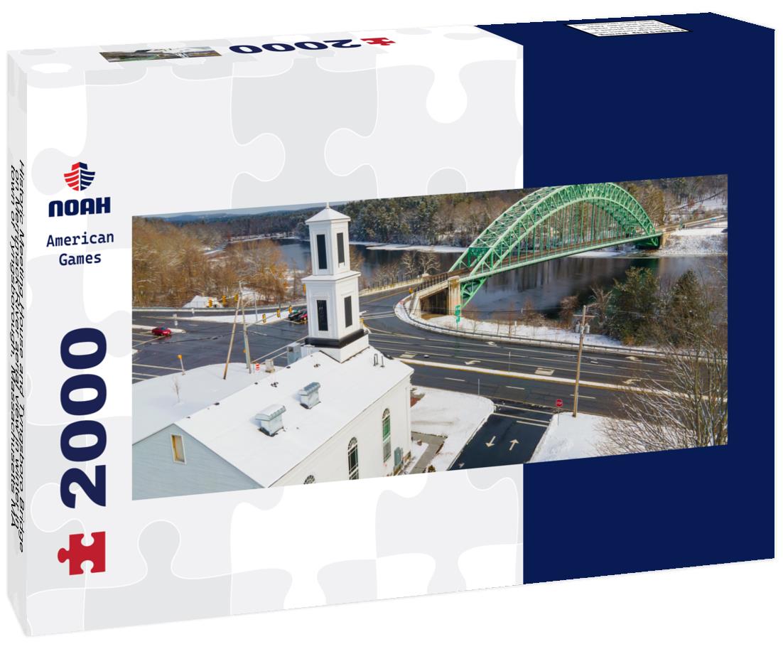 Historic Meeting House and Tyngsboro Bridge on Merrimack River aerial view in winter in town of Tyngsborough, Massachusetts MA 2000pc Panoramic Puzzle