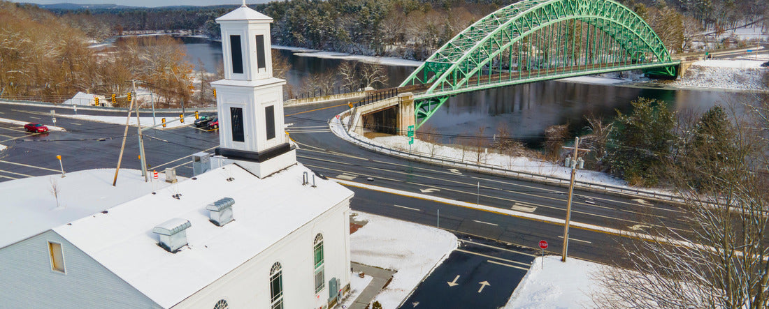 Historic Meeting House and Tyngsboro Bridge on Merrimack River aerial view in winter in town of Tyngsborough, Massachusetts MA 2000pc Panoramic Puzzle