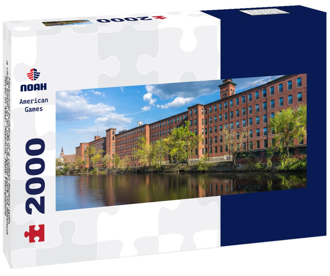 Historical building of a cotton factory with a clock tower in an old industrial park on Nashua River in May. Nashua, New Hampshire 2000pc Panoramic Puzzle