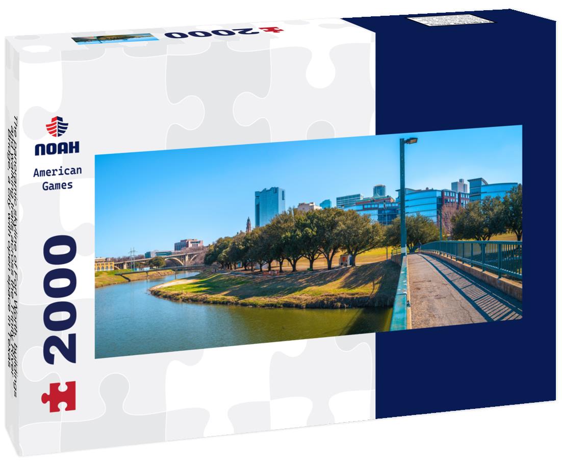 The skyline of Fort Worth, buildings and walking trails across the Trinity River Bridge, a city with open space in Texas 2000pc Panoramic Puzzle