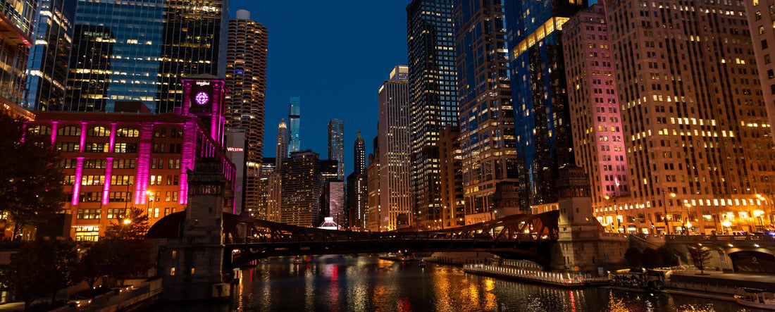 Chicago Illinois city skyline at night with view of river and bridge with buildings lit up in background long exposure with dark sky 2000pc Panoramic Puzzle