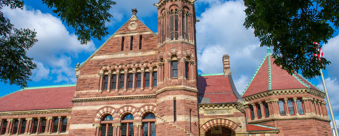 Woburn Public Library with Richardsonian Romanesque style at 45 Pleasant Street in historic city center of Woburn, Massachusetts MA, USA 2000pc Panoramic Puzzle