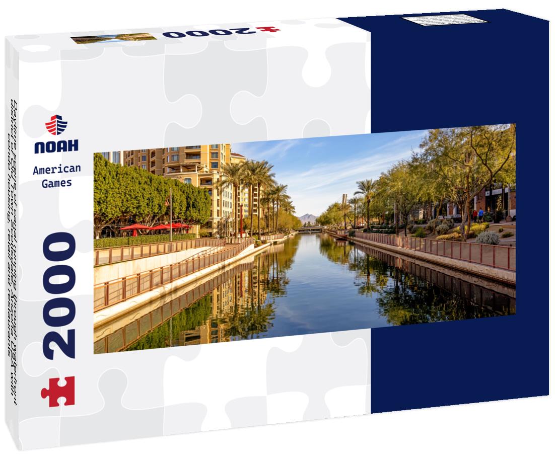 Daytime scene of canal running through waterfront district of Old Town Scottsdale, Arizona USA with condo housing, retail and restaurants 2000pc Panoramic Puzzle