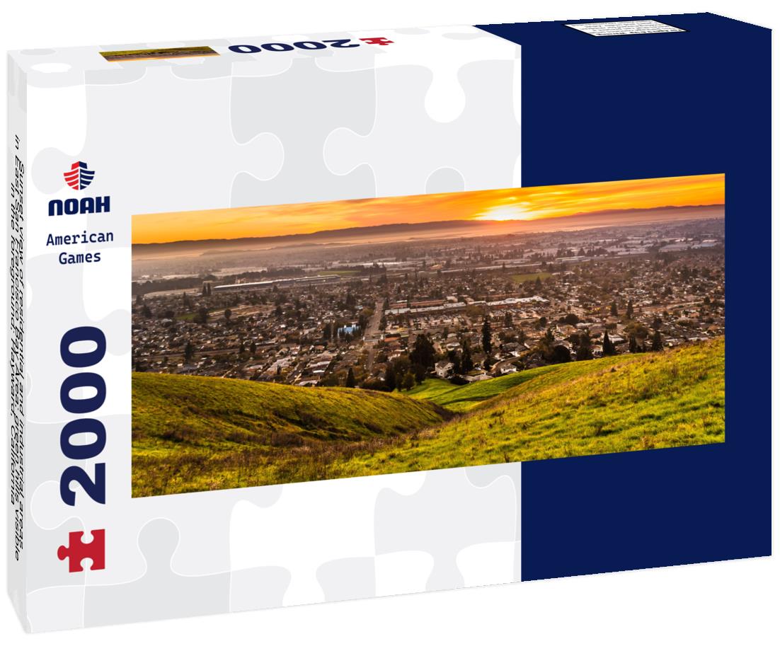 Sunset view of residential and industrial areas in East San Francisco Bay Area; green hills visible in the foreground; Hayward, California 2000pc Panoramic Puzzle