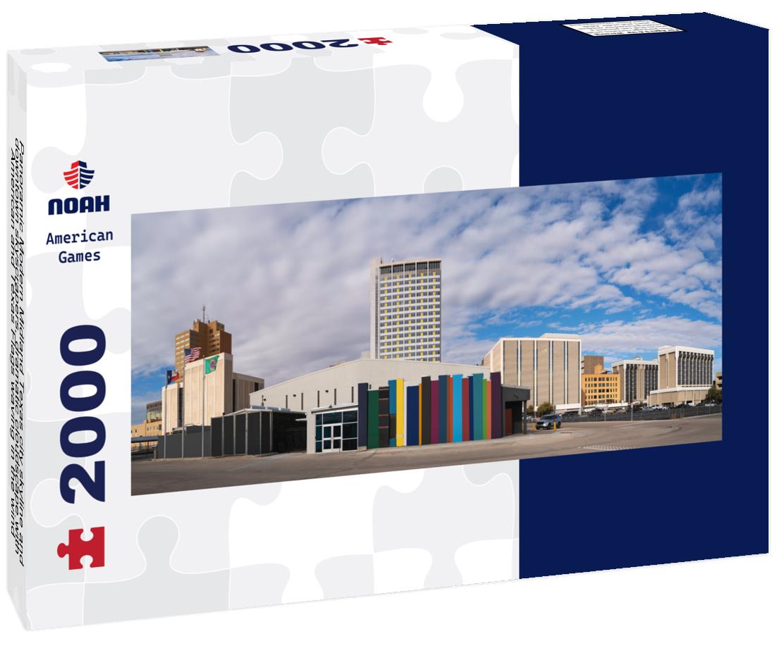 Modern Midland Texas city skyline and downtown skyscrapers, dramatic cloudscape with American and Texas Flags waving in the wind 2000pc Panoramic Puzzle