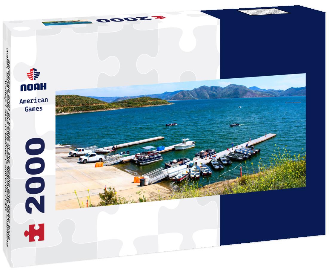 gorgeous shot of boats in the docks and deep blue water, blue skies and lush green mountains at Diamond Valley Lake in Hemet California USA 2000pc Panoramic Puzzle