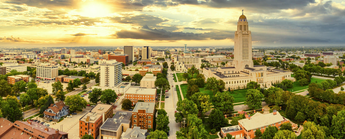 Lincoln, Nebraska under a dramatic sunset. Lincoln is the capital city of the U.S. state of Nebraska and the county seat of Lancaster County 2000pc Panoramic Puzzle