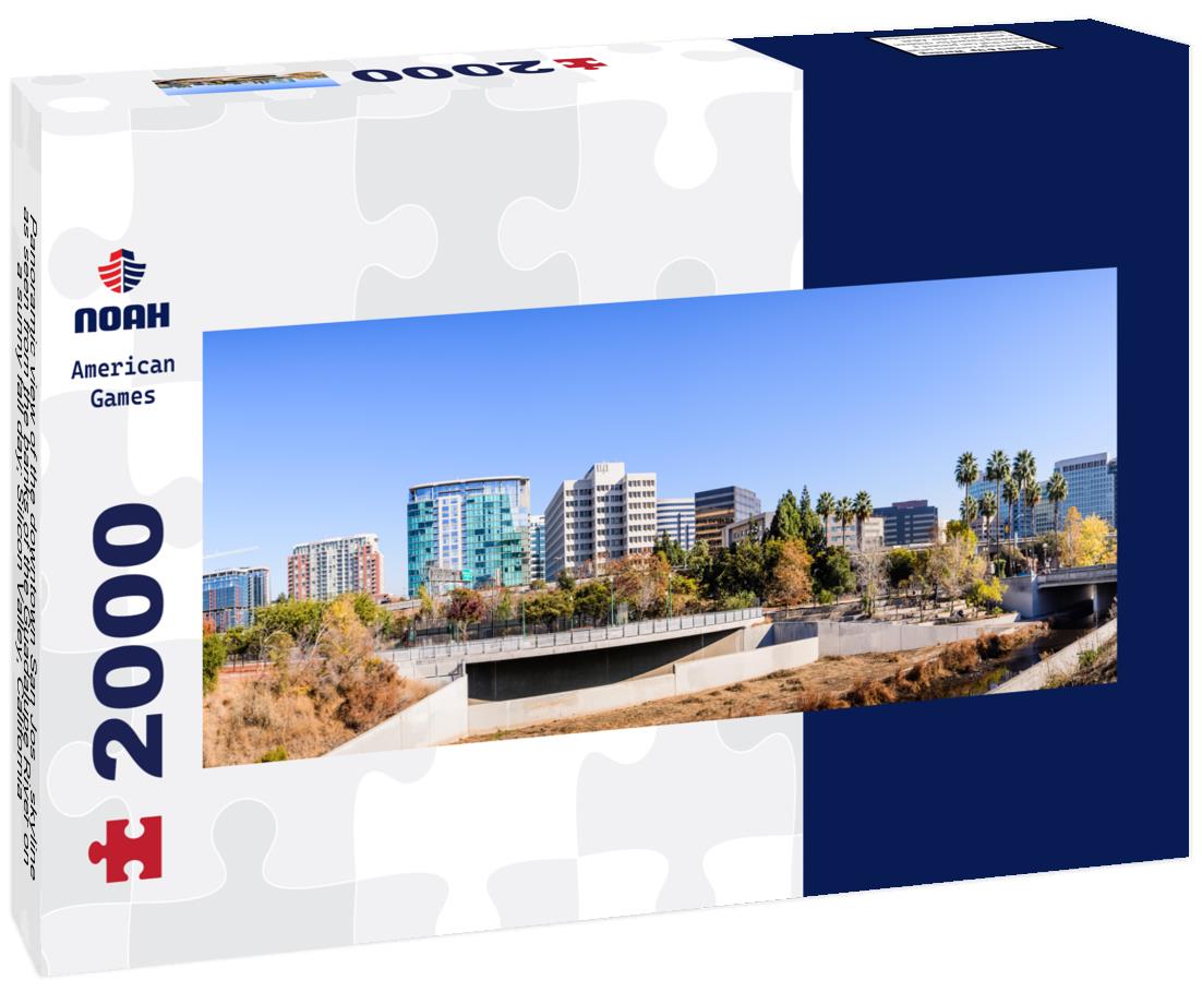 the downtown San José skyline as seen from the banks of the Guadalupe River on a sunny fall day; Silicon Valley, California 2000pc Panoramic Puzzle