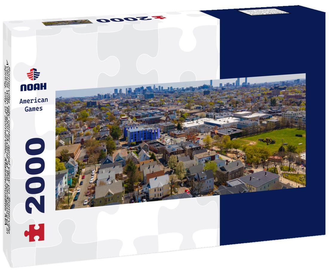 Somerville city center aerial view on Somerville Avenue with Boston skyline at the background in spring, city of Somerville, Massachusetts MA 2000pc Panoramic Puzzle