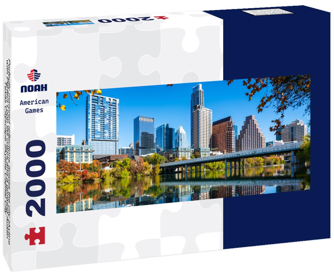 Perfectly mirrored reflections across the city skyline with Perfect Loop fall colors and a growing Austin Texas Cityscape Skyline Capital City 2000pc Panoramic Puzzle