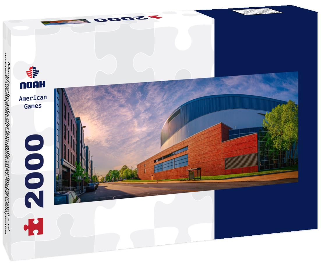 Manchester city skyline with circular geometry of civic auditorium building with cloudy sky, modern metropolitan architecture in New Hampshire 2000pc Panoramic Puzzle