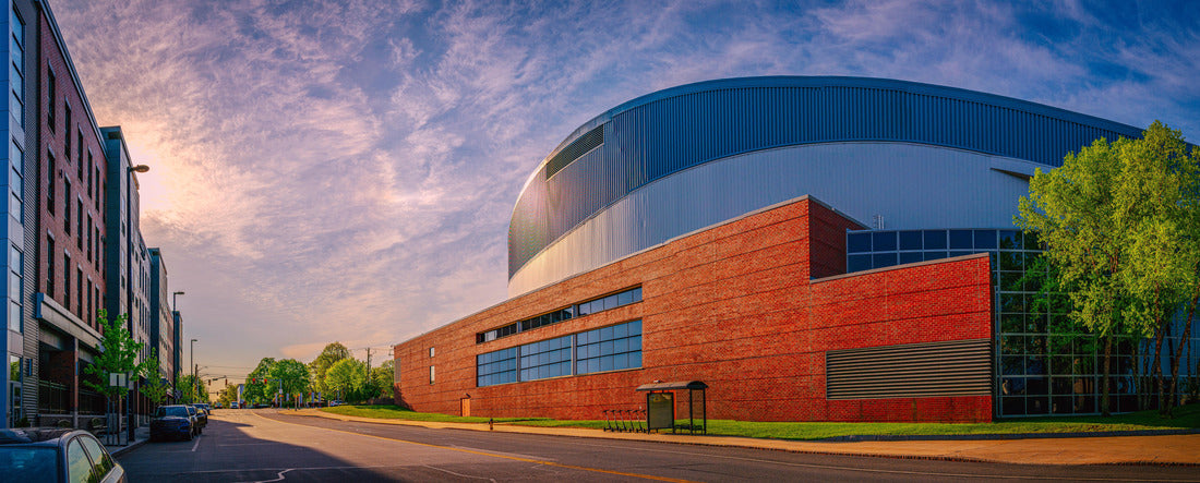 Manchester city skyline with circular geometry of civic auditorium building with cloudy sky, modern metropolitan architecture in New Hampshire 2000pc Panoramic Puzzle