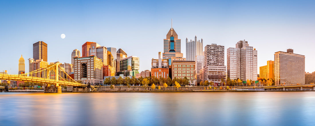 Pittsburgh downtown skyline and Roberto Clemente bridge, on a sunny afternoon, as viewed from North Shore Riverfront Park, across Allegheny River 2000pc Panoramic Puzzle