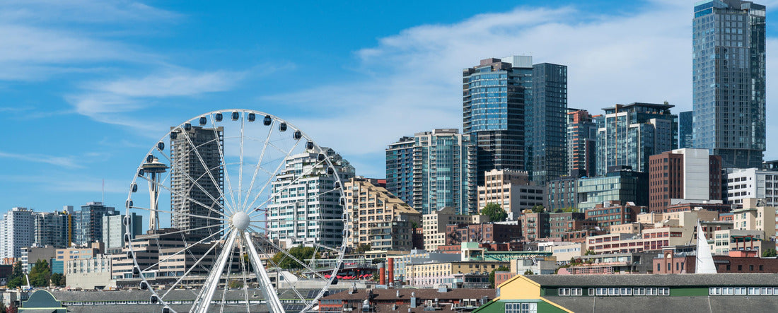 Waterfront Seattle skyline with Great wheel view. Skyscrapers of financial downtown at day time, Washington, USA. A vibrant business neighborhood 2000pc Panoramic Puzzle
