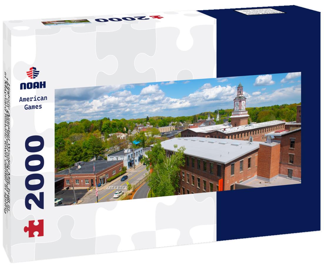 Historic Assabet Woolen Mill, built in 1847, on Main Street on Assabet River in Maynard historic town center in spring, Maynard, Massachusetts, USA 2000pc Panoramic Puzzle