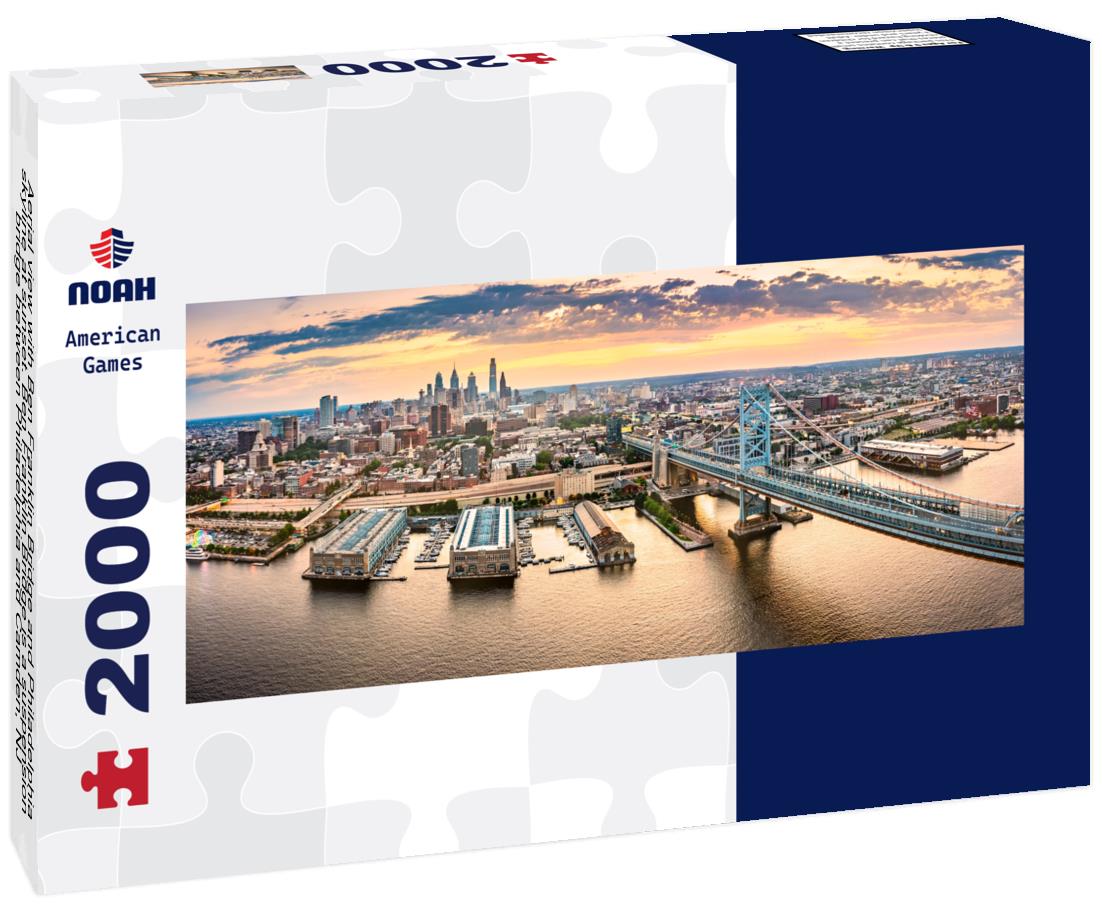 Aerial view with Ben Franklin Bridge and Philadelphia skyline at sunset. Ben Franklin Bridge is a suspension bridge between Philadelphia and Camden, NJ 2000pc Panoramic Puzzle