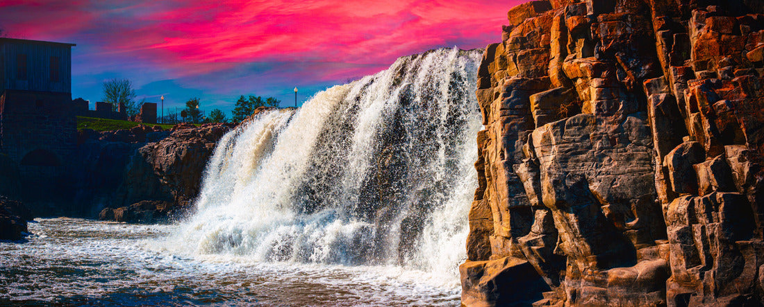 Sioux Falls City Spring Landscape at the Falls Park in Sioux Falls, South Dakota, USA, dramatic sunset cloudscape and water falling in the Big Sioux River 2000pc Panoramic Puzzle