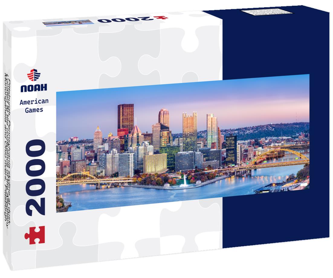 Pittsburgh, Pennsylvania skyline at dusk. Located at the confluence of the Allegheny, Monongahela and Ohio rivers, Pittsburgh is also known as "City of Bridges" 2000pc Panoramic Puzzle