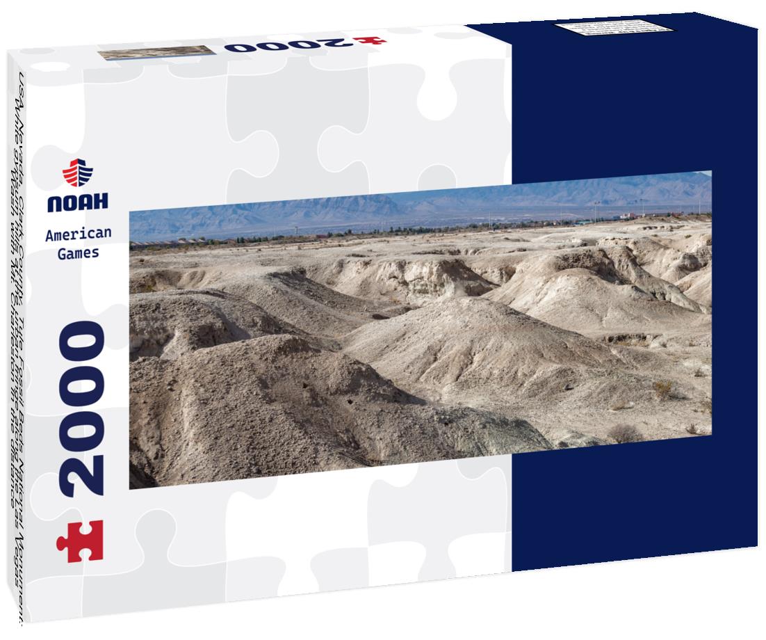 USA, Nevada, Clark County, Tule Fossil Beds National Monument: White gypsum hills at the urban fringe along the Las Vegas Wash with Mt. Charleston in the distance 2000pc Panoramic Puzzle