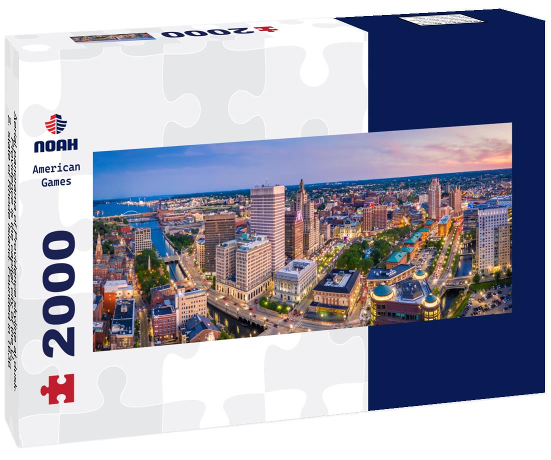 Aerial Providence skyline at dusk. Providence is the capital city of the U.S. state of Rhode Island. Founded in 1636 is one of the oldest cities in USA 2000pc Panoramic Puzzle