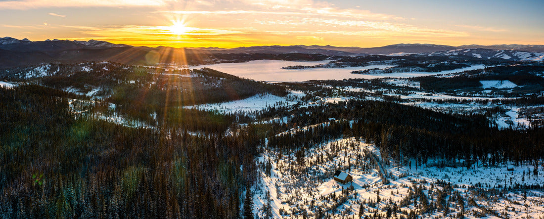 Aerial with frozen Georgetown Lake, near Philipsburg, Montana at sunset. Anaconda range with Warren Peak dominates the background of the winterly landscape 2000pc Panoramic Puzzle