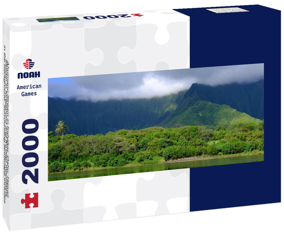 Ahuimanu Stream in Kahaluu, Oahu, Hawaii. Stream in foreground and Ko'olau mountains in the background. Surrounding landscape includes palm trees and tropical forest 2000pc Panoramic Puzzle