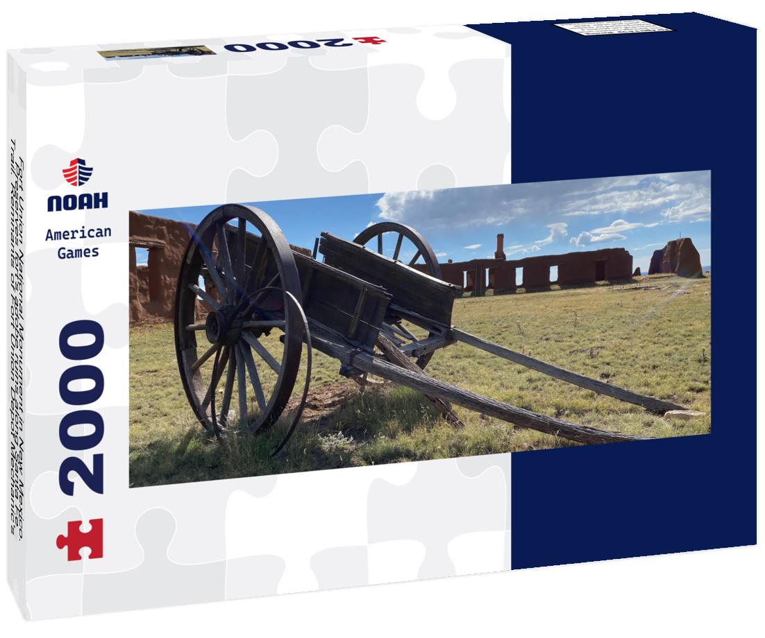 Fort Union National Monument in New Mexico. Preserves fort's adobe ruins along Santa Fe Trail. Remnants of Fort Union Depot Mechanic's Corral with wagons and wagon wheels 2000pc Panoramic Puzzle