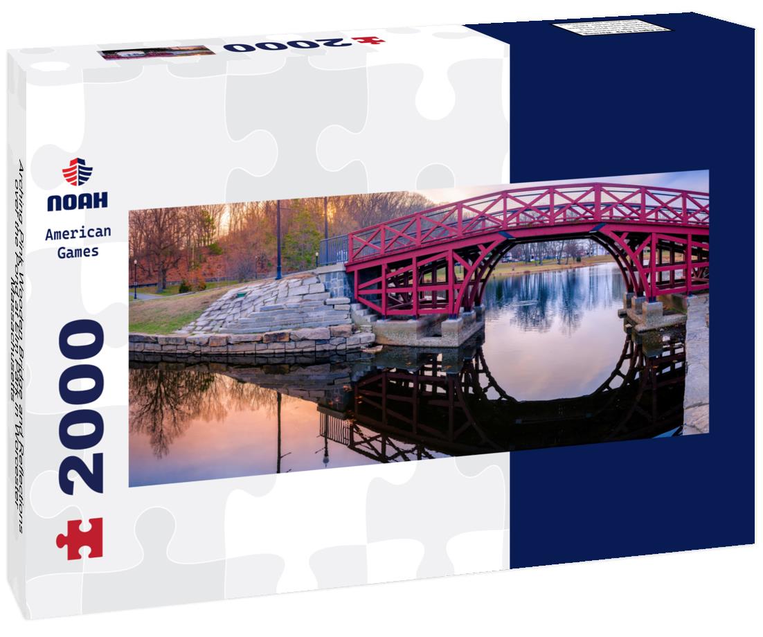 Arching Pink Wooden Bridge and Reflections over the Pond at Elm Park in Worcester, Massachusetts 2000pc Panoramic Puzzle
