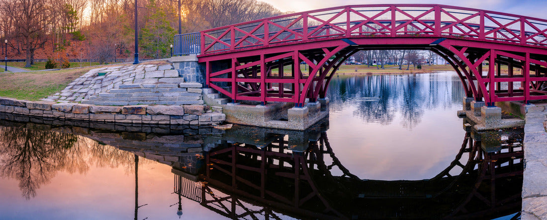 Arching Pink Wooden Bridge and Reflections over the Pond at Elm Park in Worcester, Massachusetts 2000pc Panoramic Puzzle