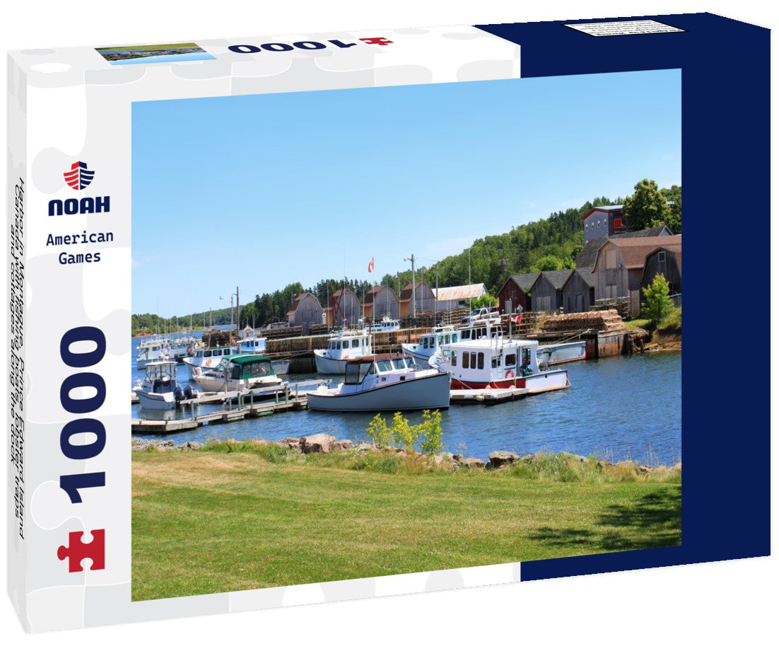 Noah Jigsaw Puzzle Harbor in Montague, Prince Edward Island, Canada with fishing boats, lobster traps and cottages along the dock 1000 pieces