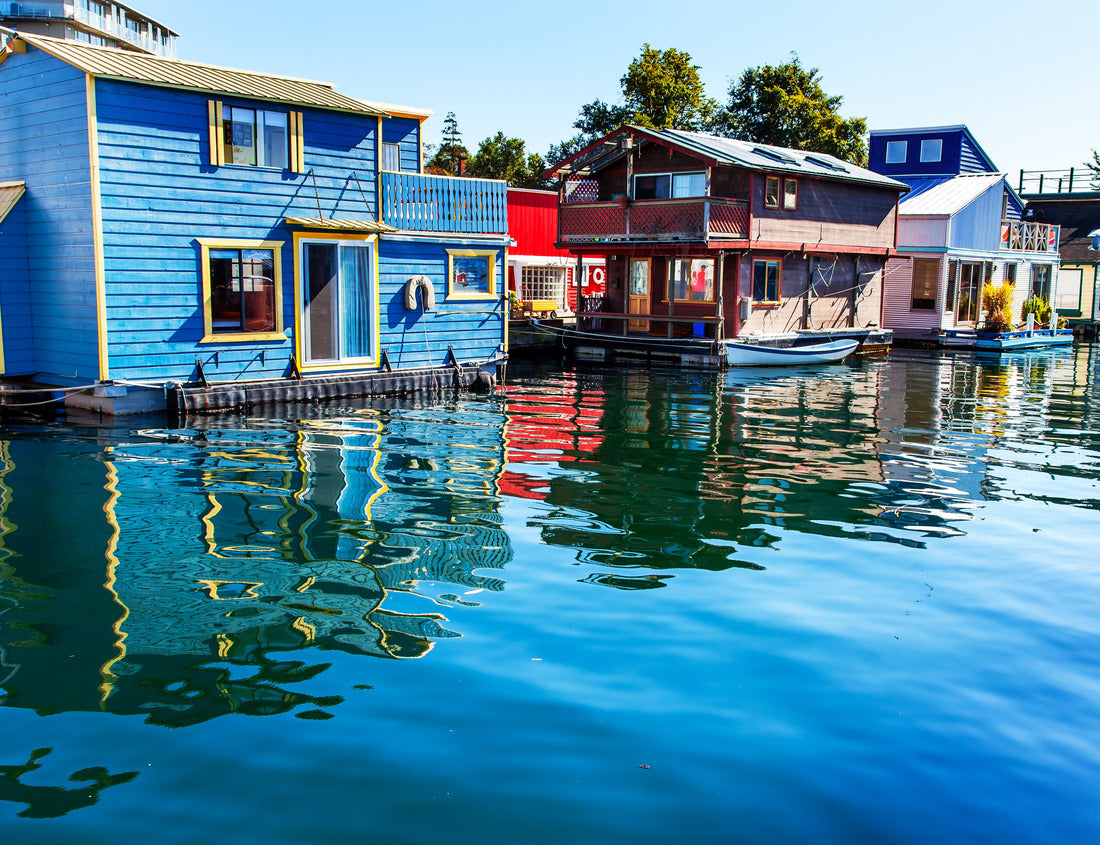 Noah Jigsaw Puzzle Floating Home Village Blue Red Brown Houseboats Fisherman's Wharf Reflection Inner Harbor, Victoria British Columbia Canada Pacific Northwest 1000 pieces
