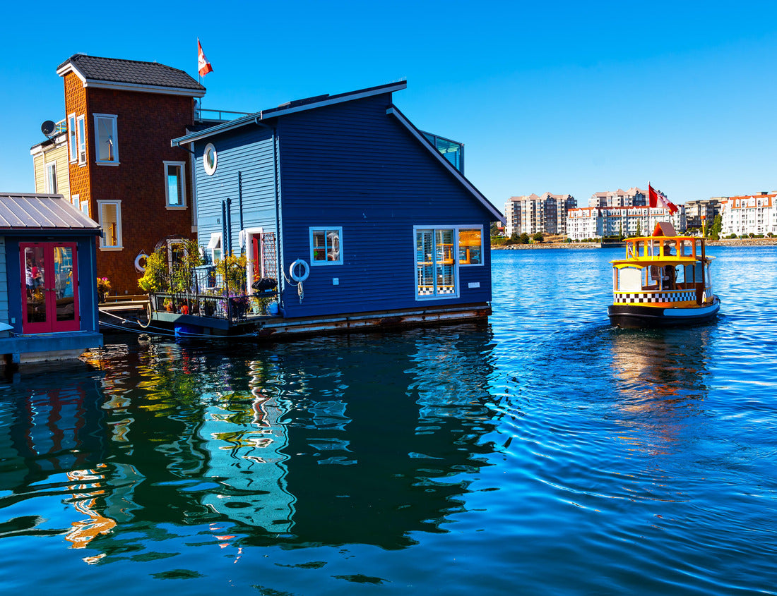 Noah Jigsaw Puzzle Floating Home Village Blue Houseboats Water Taxi Fisherman's Wharf Reflection Inner Harbor, Victoria British Columbia Canada Pacific Northwest. Area has floating homes, piers, restaurants 1000 pieces