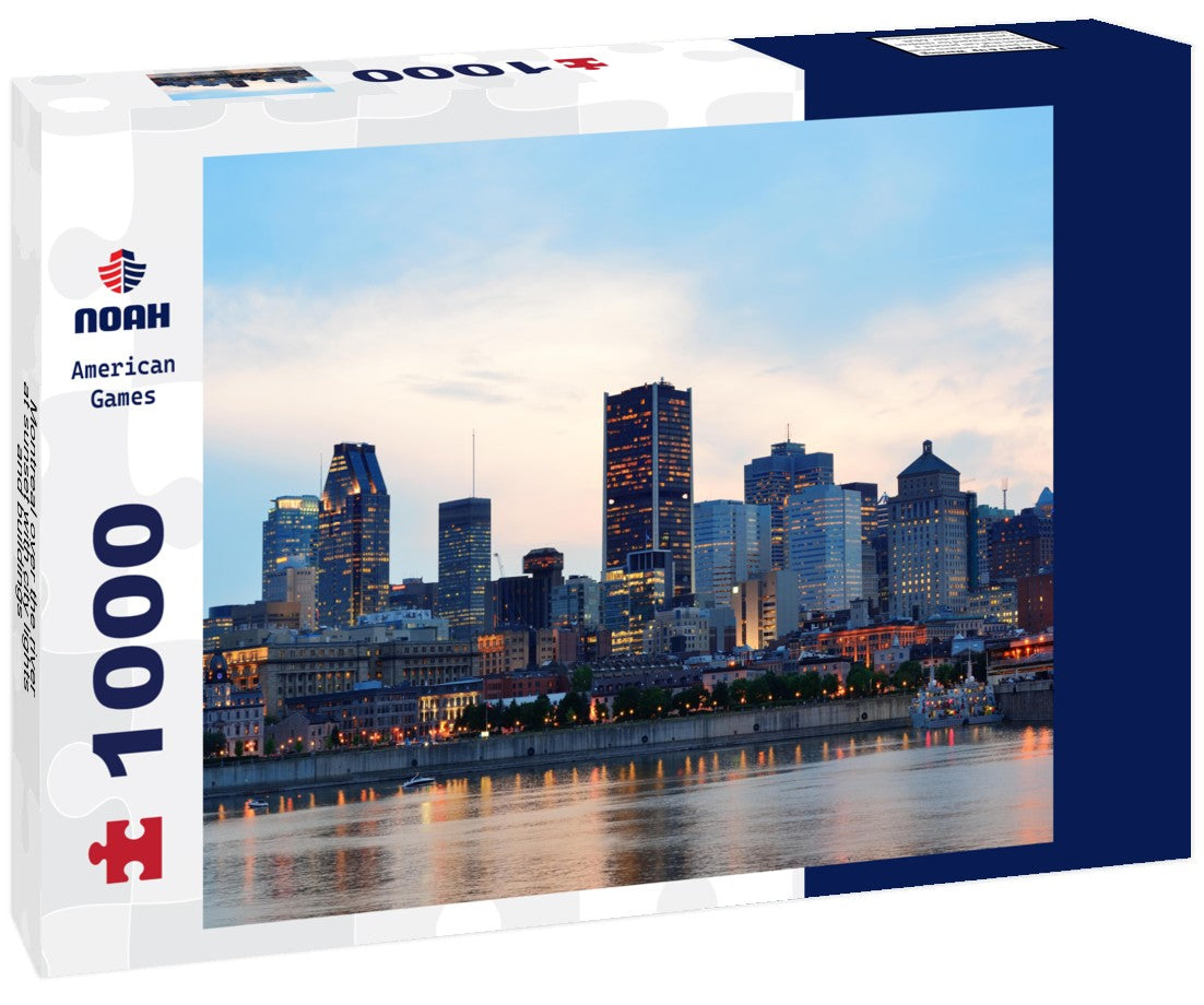 Noah Jigsaw Puzzle Montreal over the river at sunset with city lights and buildings 1000 pieces