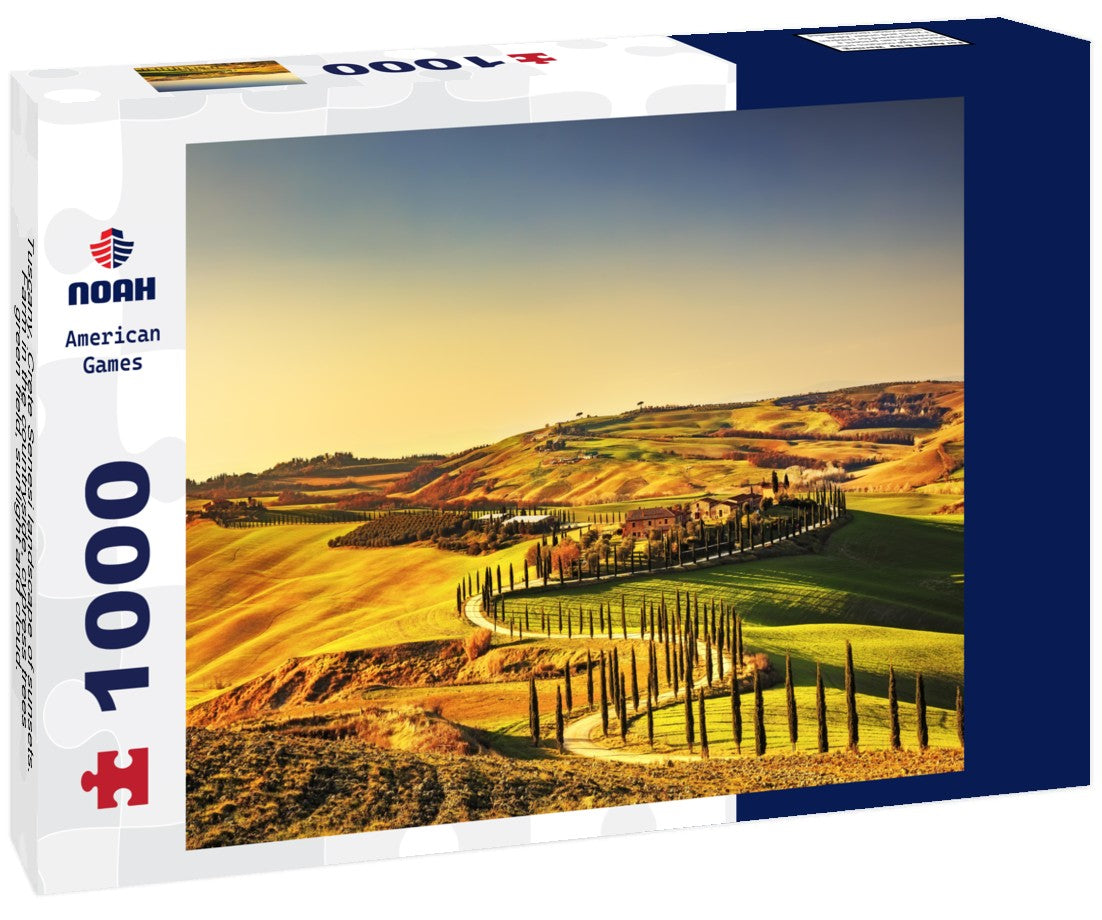 Noah Jigsaw Puzzle Tuscany, Crete Senesi landscape of sunsets. Farm in the countryside, cypress trees, green field, sunlight and cloud. Italy 1000 pieces