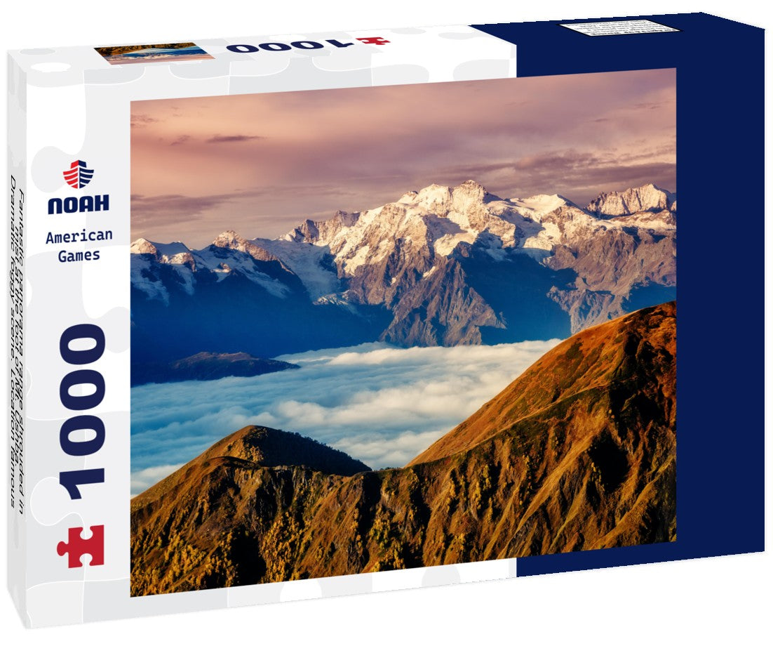 Noah Jigsaw Puzzle Fantastic panorama range shrouded in mist at the foot of Mt. Ushba. Dramatic foggy scene. Location famous place Upper Svaneti, Mestia, Georgia 1000 pieces