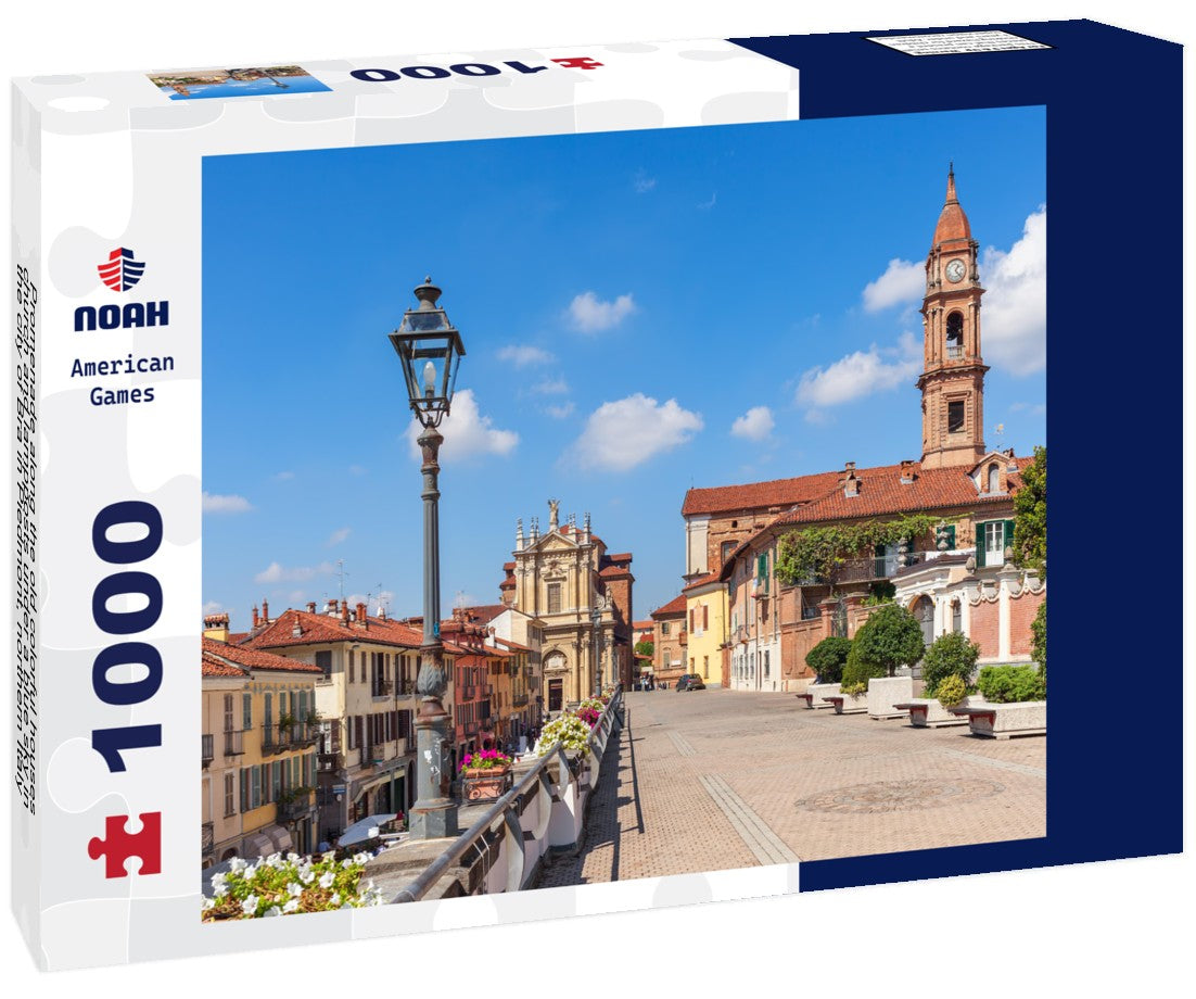 Noah Jigsaw Puzzle Promenade along the old colorful houses, church and lampposts under a blue sky in the city of Bra in Piedmont, northern Italy 1000 pieces