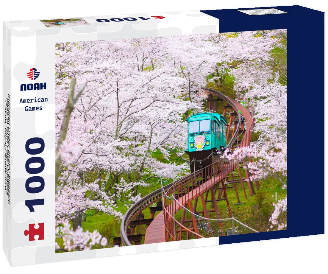 Noah Jigsaw Puzzle monorail under cherry blossom trees in Ruin Park Funaoka Castle, Miyagi Prefecture, Japan 1000 pieces