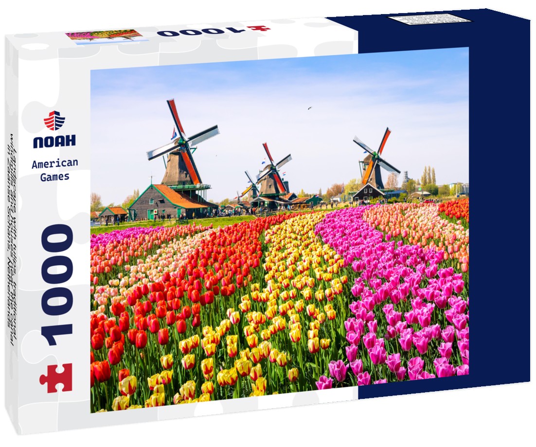 Noah Jigsaw Puzzle Landscape with tulips, traditional windmills and houses near the canal in Zaanse Schans, Netherlands 1000 pieces