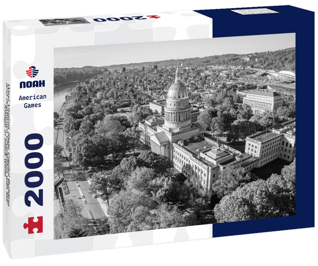 Noah Jigsaw Puzzle West Virginia State Capitol Building and downtown Charleston with fall foliage in black white 2000 pieces