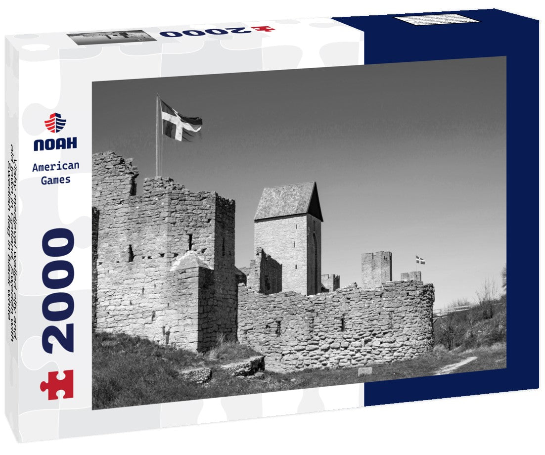 Noah Jigsaw Puzzle Visby medieval walled city and old town in Gotland, Sweden with Swedish flag in black white 2000 pieces