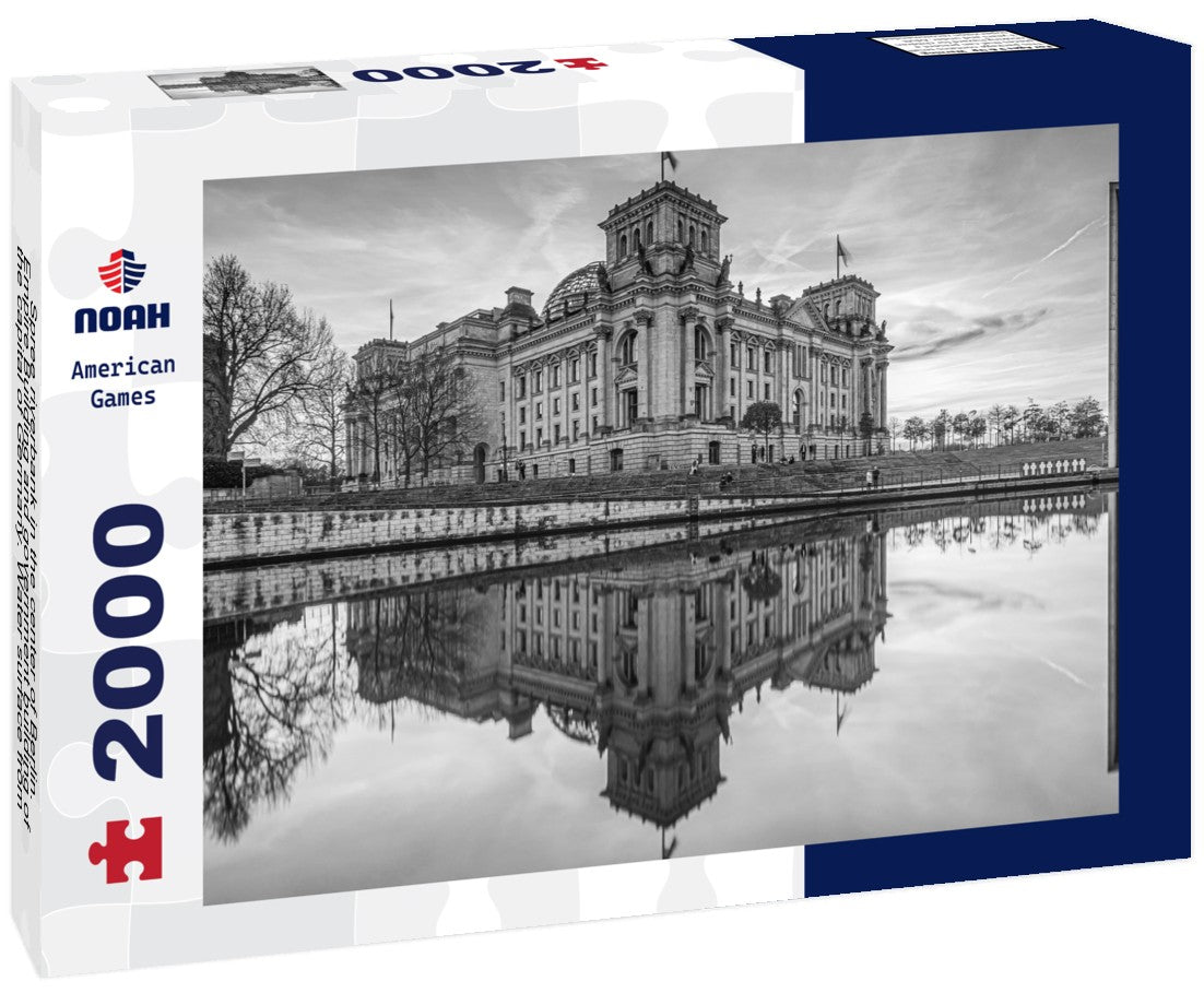 Noah Jigsaw Puzzle Spree riverbank in the center of Berlin. Empire Building and government building of the capital of Germany. Water surface from the river with reflections in black white 2000 pieces