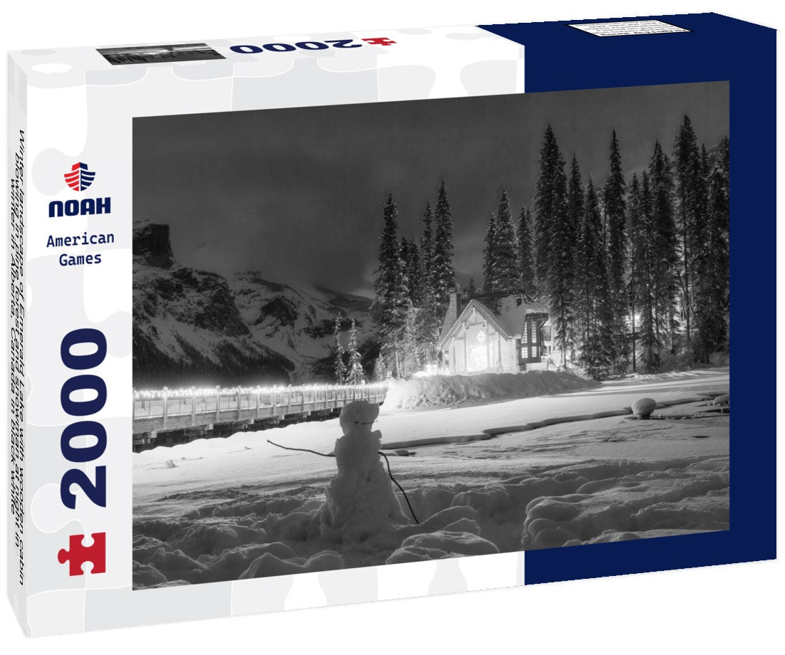 Noah Jigsaw Puzzle Winter landscape of Emerald Lake with wooden cabin blowing in pine forest and snowman at night in winter in Alberta, Canada in black white 2000 pieces