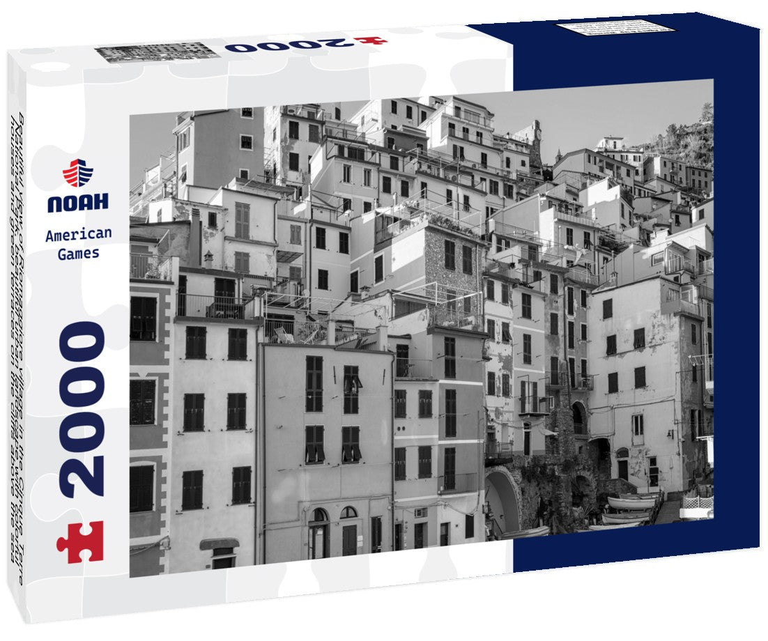 Noah Jigsaw Puzzle Beautiful view of Riomaggiore village in the Cinque Terre National Park, beautiful urban landscape with colorful houses and green terraces on the cliffs above the sea, Liguria region of Italy in black white 2000 pieces