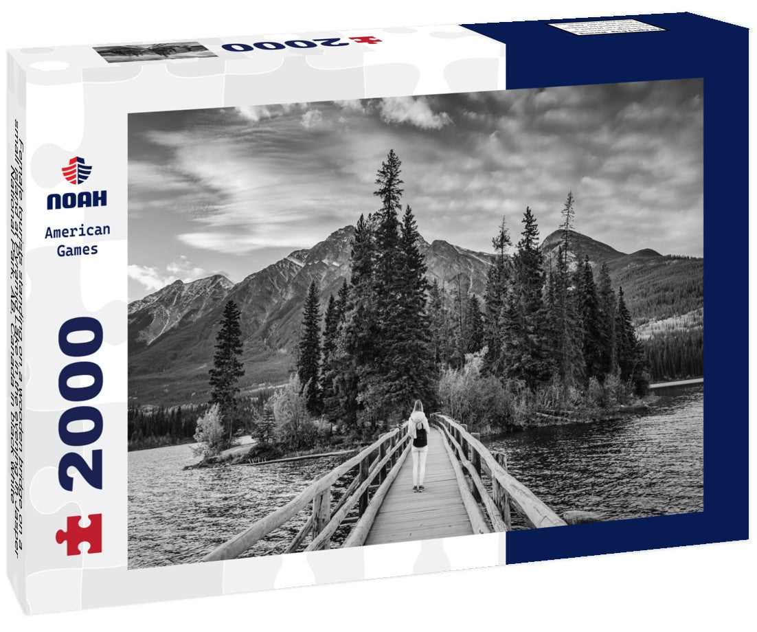 Noah Jigsaw Puzzle Female tourists standing on a wooden bridge on a small island at Pyramid Lake in the evening in Jasper National Park, AB, Canada in black white 2000 pieces
