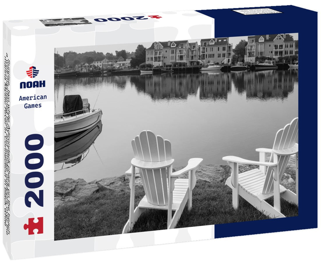 Noah Jigsaw Puzzle Sunrise, two white Adirondack chairs on the beach, a well-maintained boat and smoke outdoors over the marina Mystic River in Connecticut in black white 2000 pieces