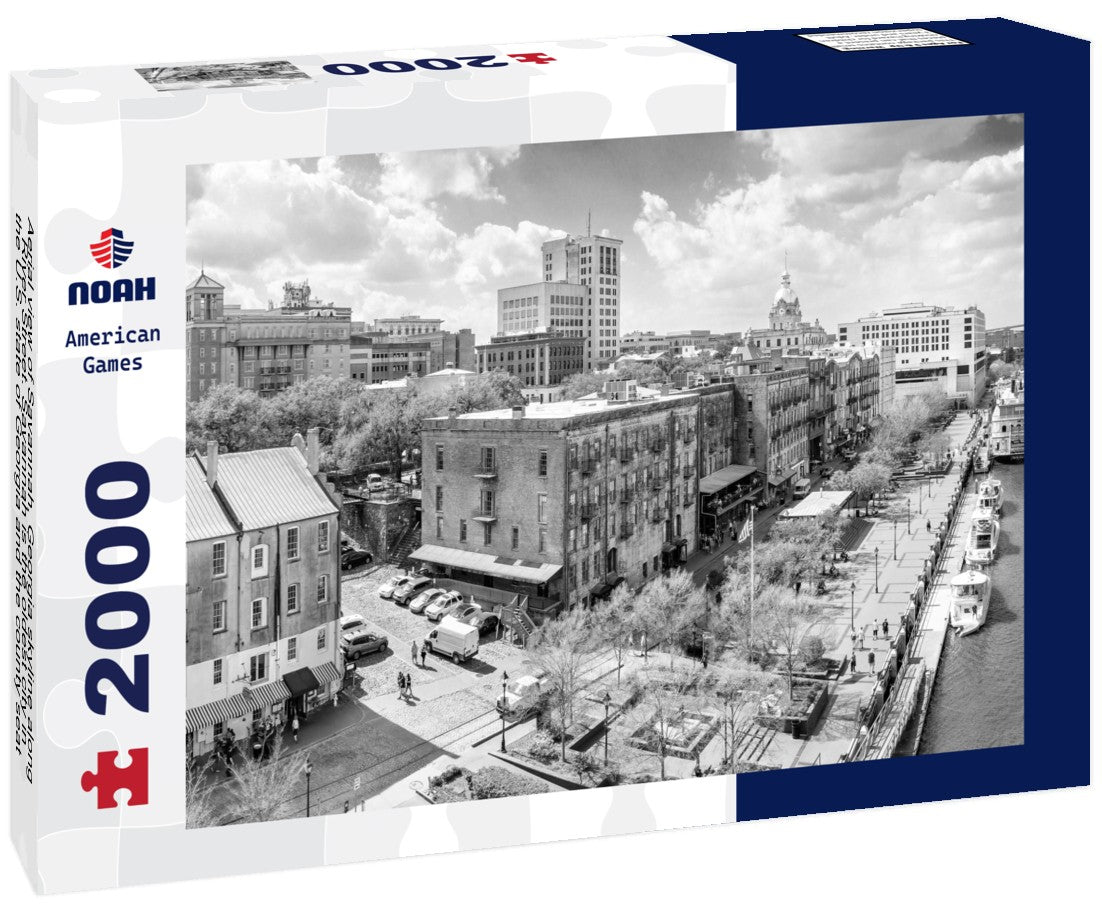 Noah Jigsaw Puzzle Aerial view of Savannah, Georgia skyline along River Street. Savannah is the oldest city in the U.S. state of Georgia and the county seat of Chatham County in black white 2000 pieces